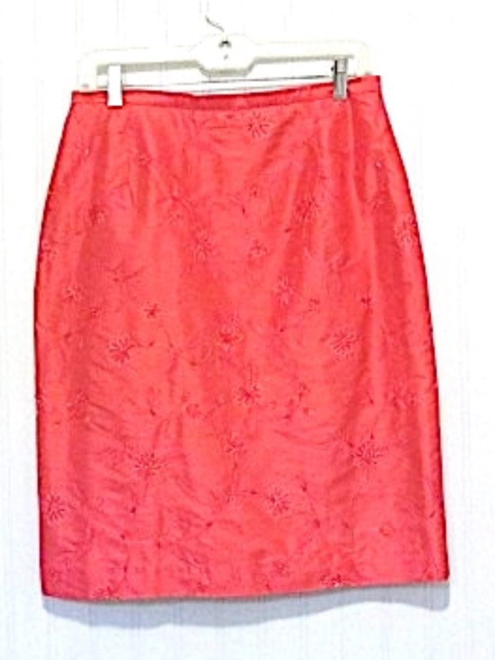 Rafael Coral Red Bead & Embroidery Silk Pencil Skirt, Size 8